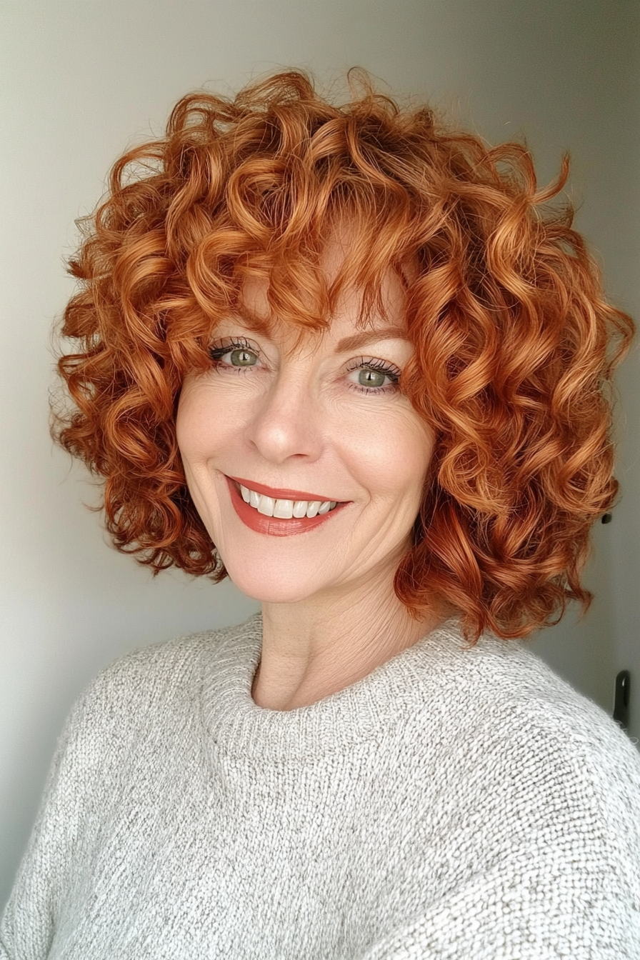 20. Voluminous Curly Cut in Rich Red (Short Curly Haircuts For Older Women) - Short Curly Haircuts For Older Women