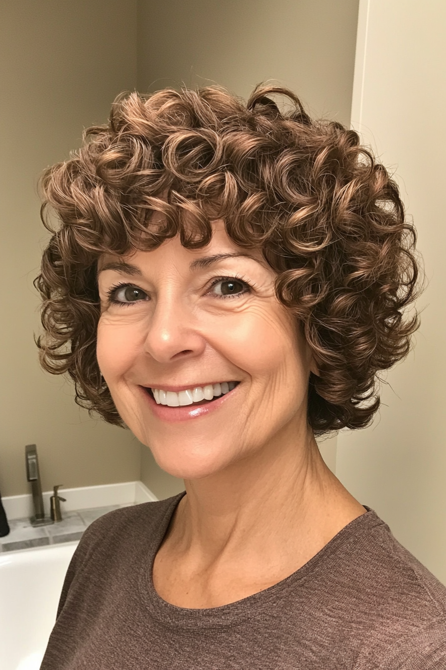 21. Layered Curly Crop in Warm Brown (Short Curly Haircuts For Older Women) - Short Curly Haircuts For Older Women