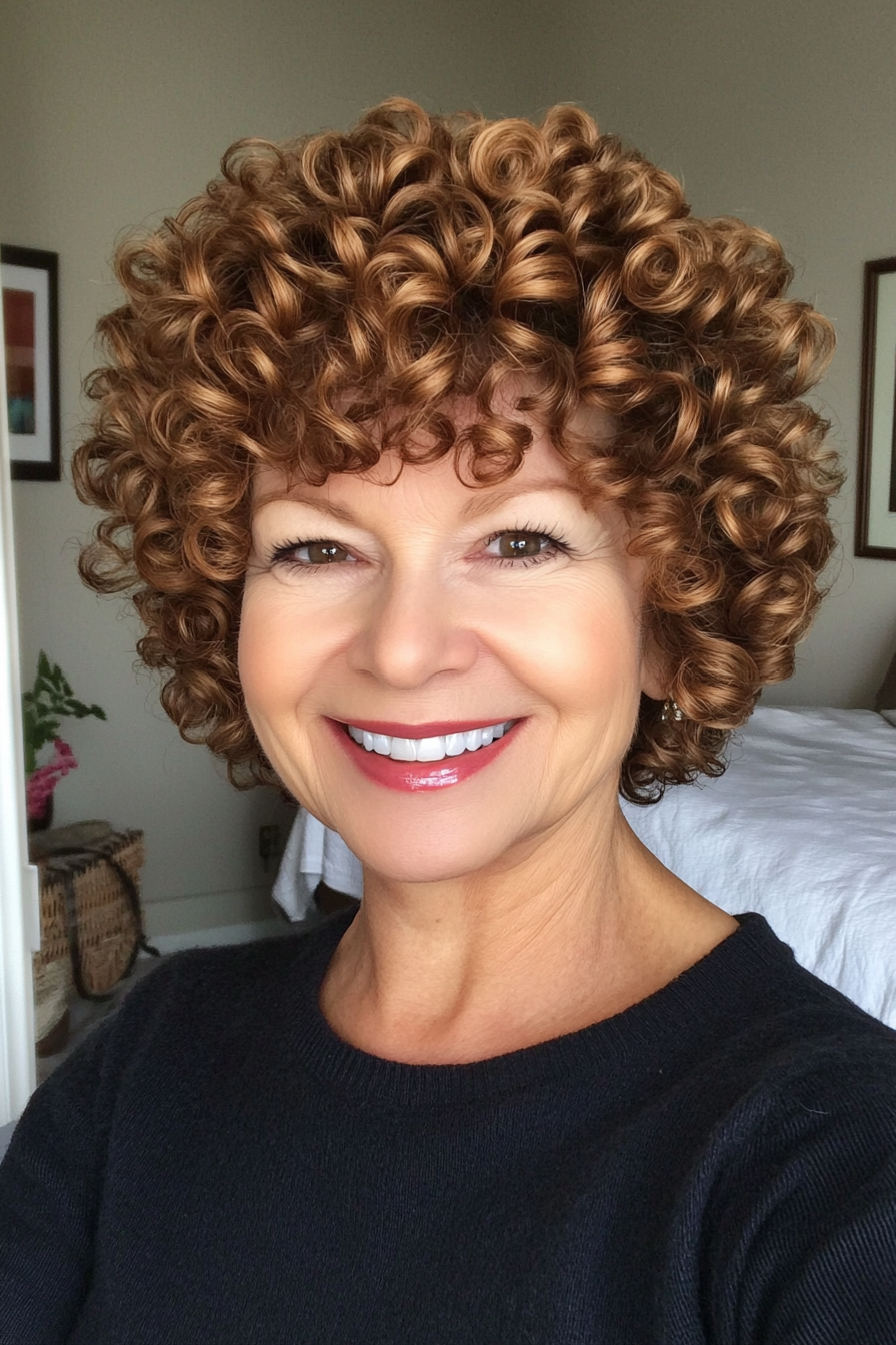 22. Curly Bouffant in Golden Brown (Short Curly Haircuts For Older Women) - Short Curly Haircuts For Older Women