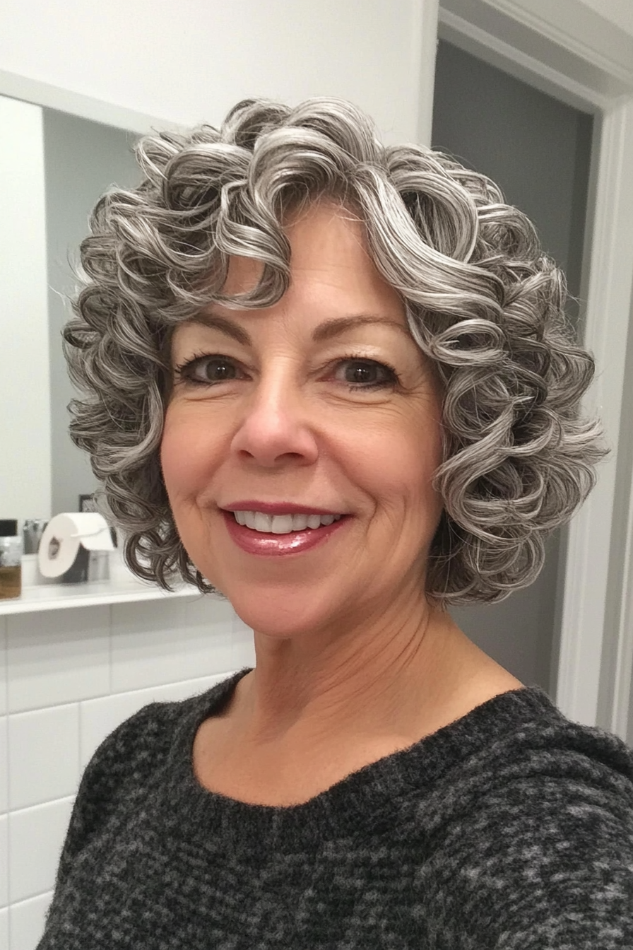 23. Classic Curly Bob with Silver Streaks (Short Curly Haircuts For Older Women) - Short Curly Haircuts For Older Women
