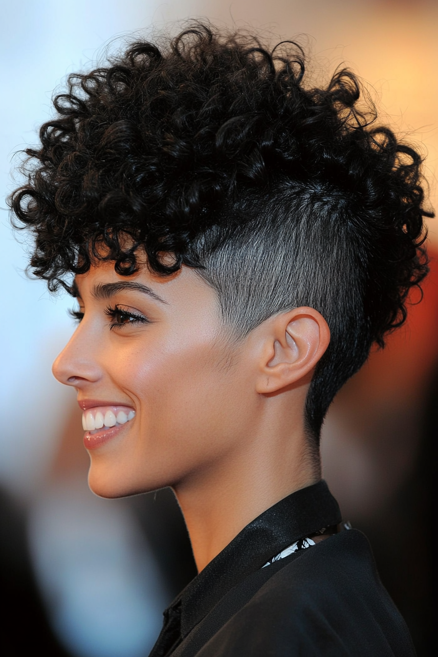 24. Messy Curly Mohawk in Black (Short Curly Haircuts For Older Women) - Short Curly Haircuts For Older Women