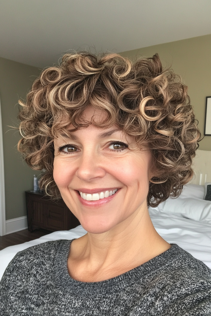 26. Curly Crop with Soft Highlights (Short Curly Haircuts For Older Women) - Short Curly Haircuts For Older Women