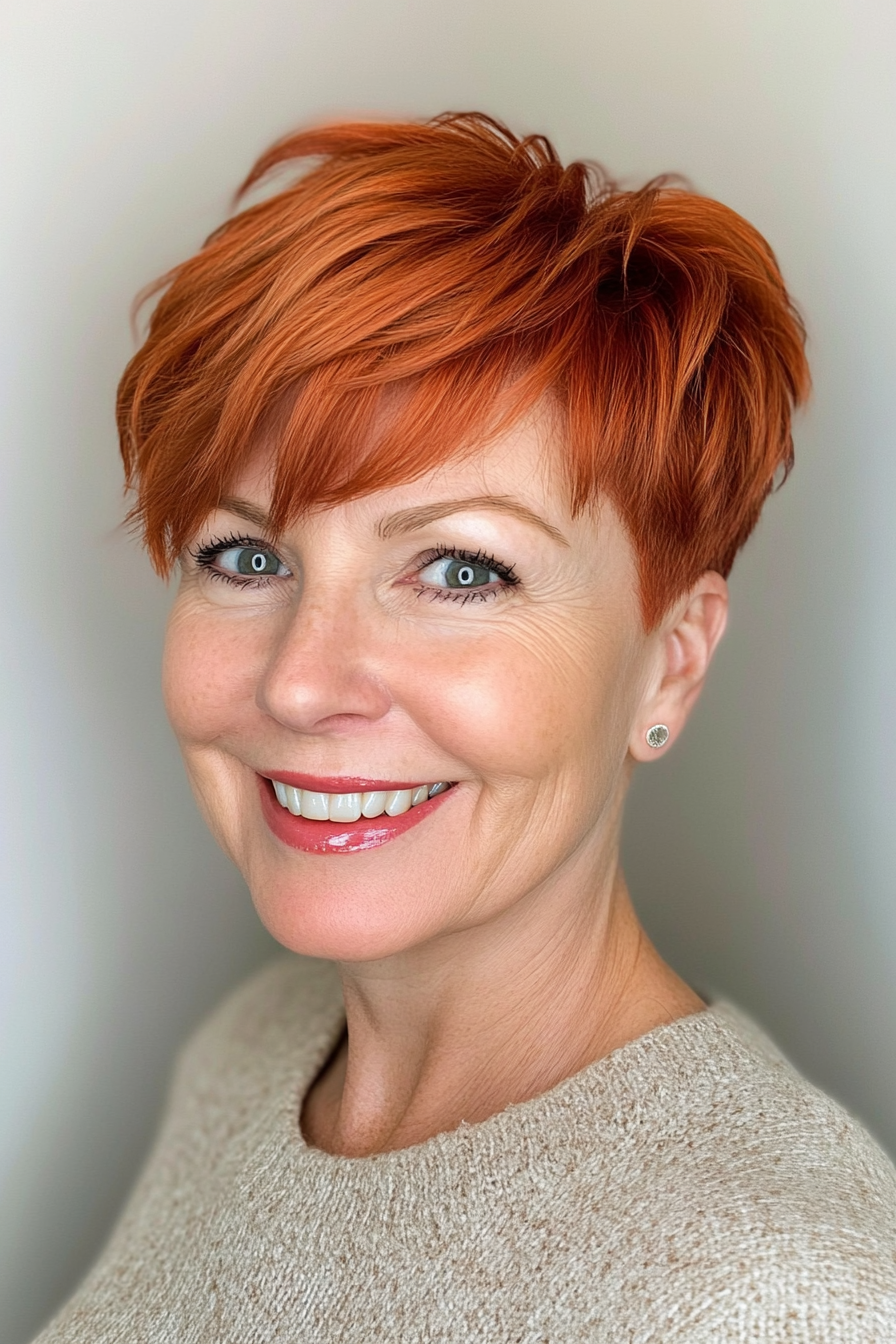 8. Copper Red Pixie with Layered Bangs (Short Pixie Haircuts For Women Over 50) - Short Pixie Haircuts For Women Over 50