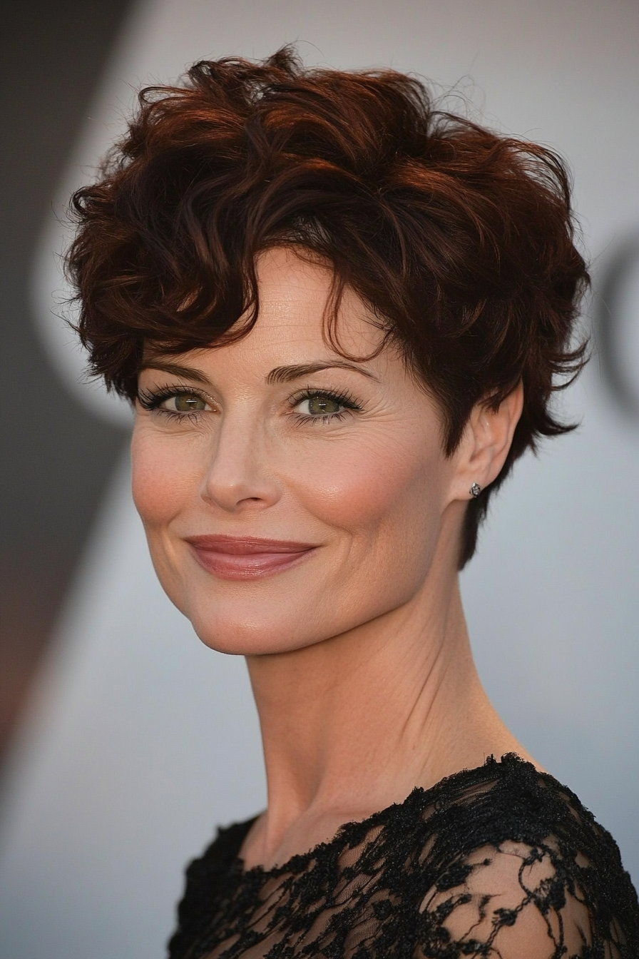 9. Dark Auburn Pixie with Defined Curls (Short Pixie Haircuts For Women Over 50) - Short Pixie Haircuts For Women Over 50