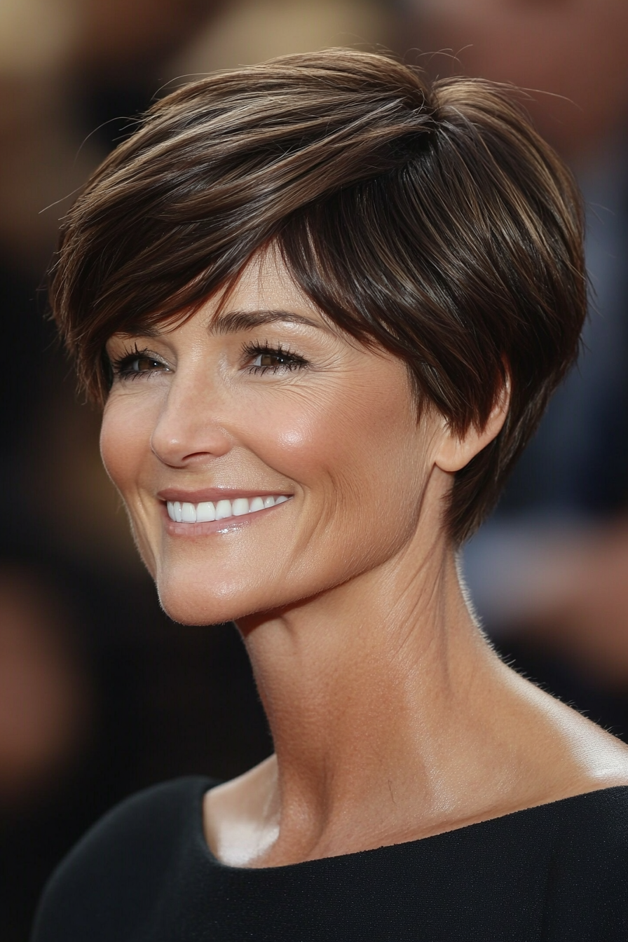14. Rich Chocolate Pixie with Side Bangs (Short Pixie Haircuts For Women Over 50) - Short Pixie Haircuts For Women Over 50