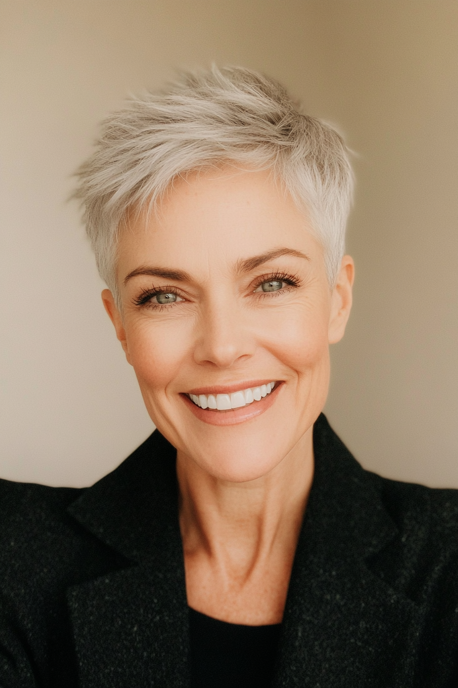 17. Silver Pixie with Voluminous Crown (Short Pixie Haircuts For Women Over 50) - Short Pixie Haircuts For Women Over 50