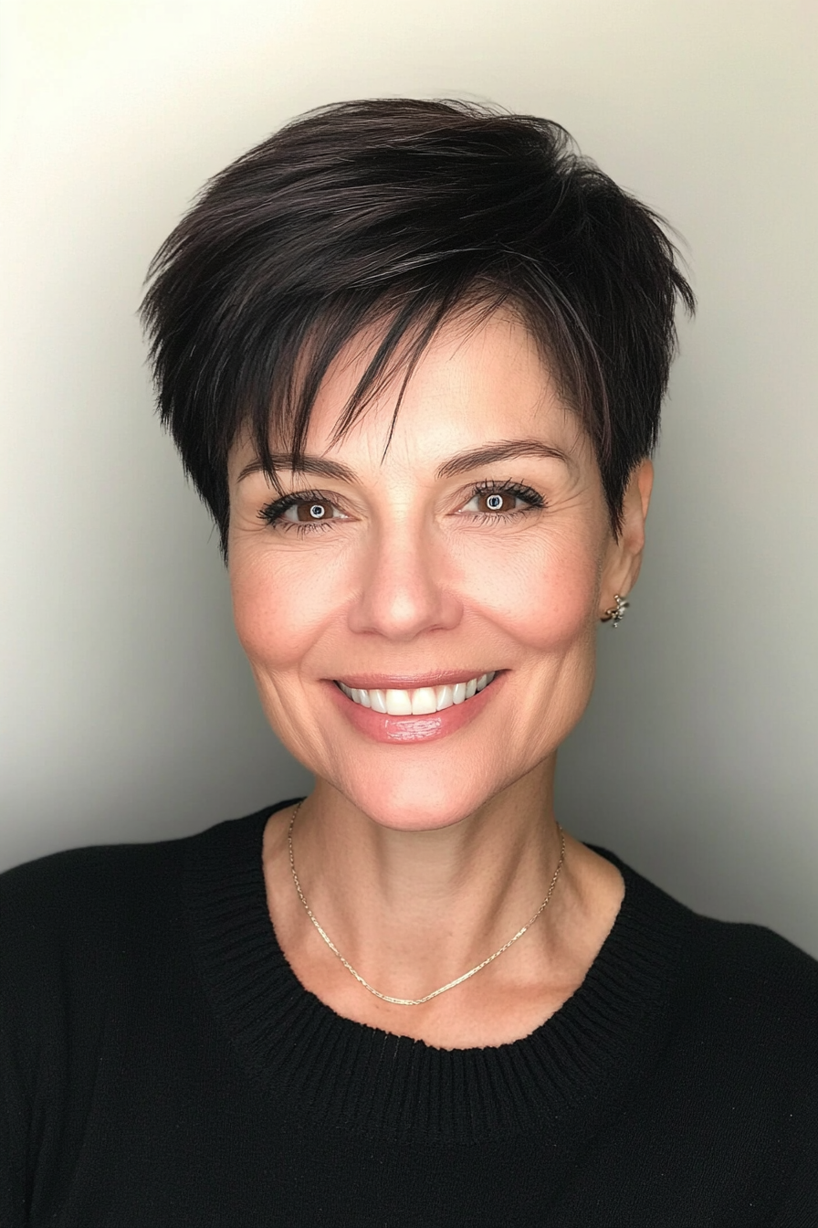 19. Dark Brunette Pixie with Straight Edges (Short Pixie Haircuts For Women Over 50) - Short Pixie Haircuts For Women Over 50