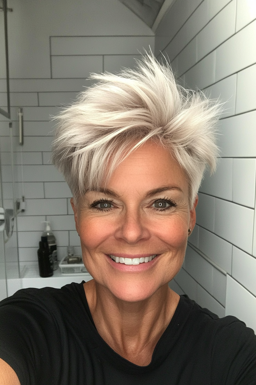 22. Platinum Blonde Pixie with High-Volume Crown (Short Pixie Haircuts For Women Over 50) - Short Pixie Haircuts For Women Over 50