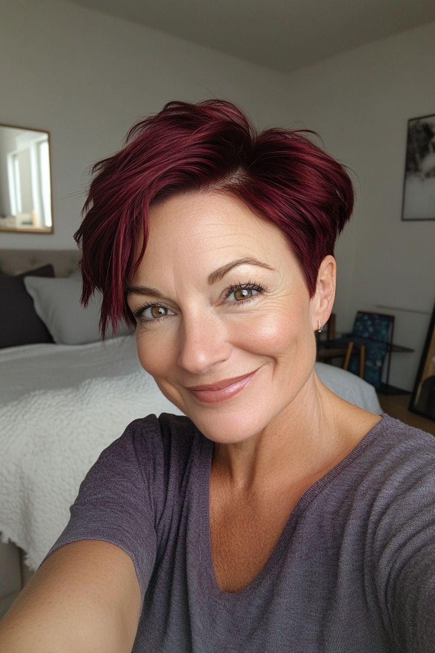 23. Rich Burgundy Pixie with Soft Waves (Short Pixie Haircuts For Women Over 50) - Short Pixie Haircuts For Women Over 50