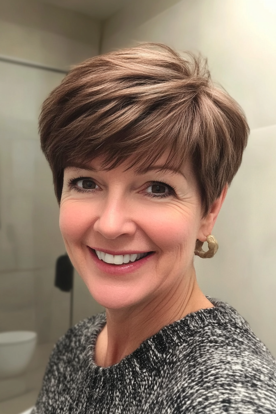 24. Mushroom Brown Pixie with Feathered Layers (Short Pixie Haircuts For Women Over 50) - Short Pixie Haircuts For Women Over 50