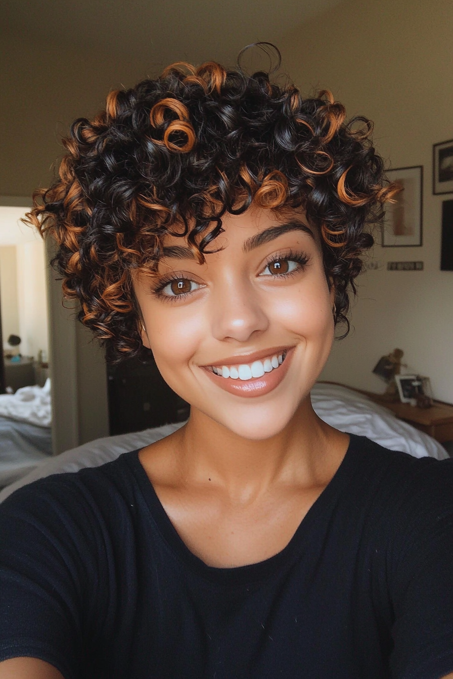 9. Caramel Highlights on a Dark Curly Pixie (Pixie Curly Haircuts) - Pixie Curly Haircuts