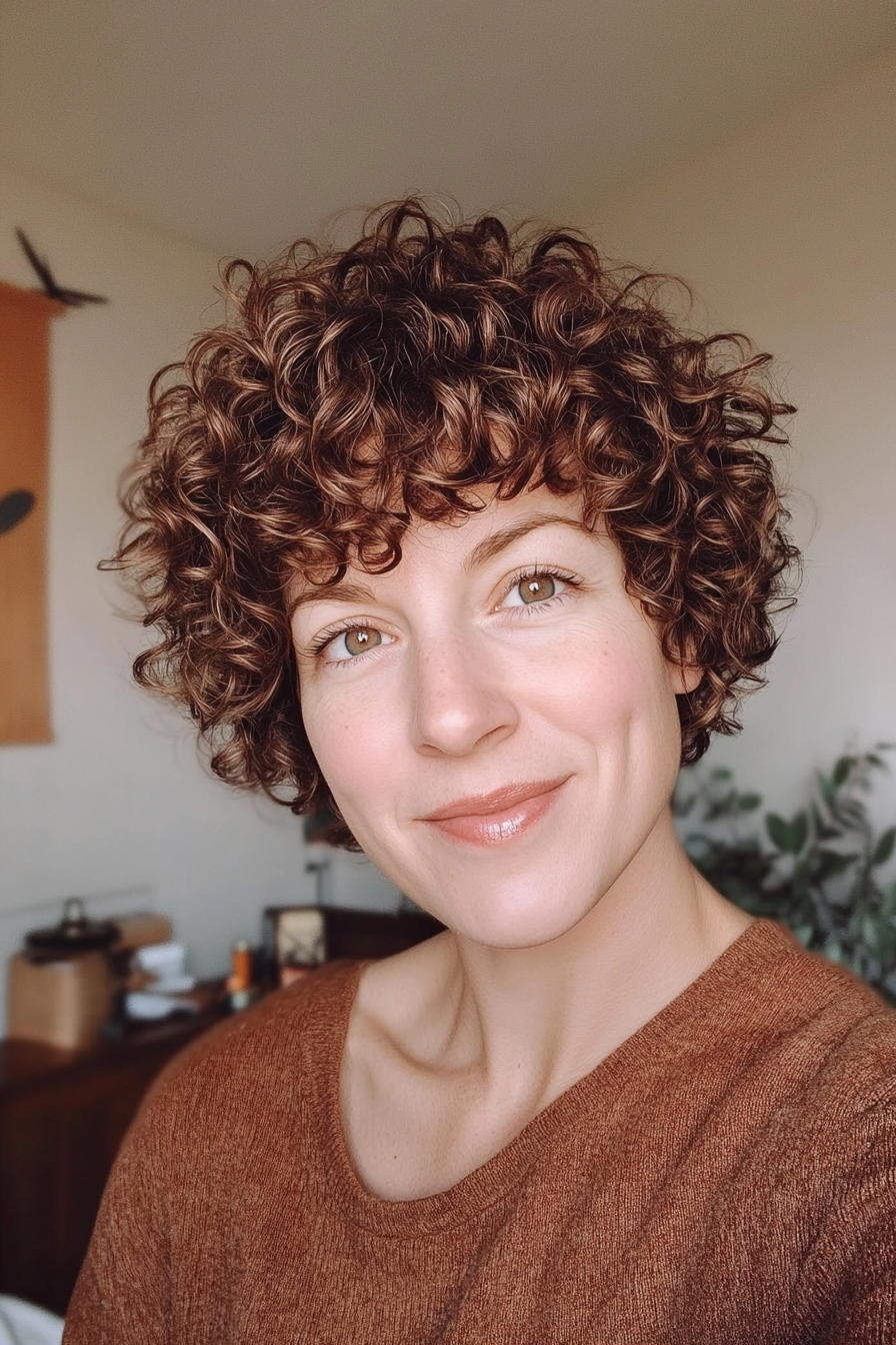 22. Warm Brown Curly Pixie with Soft Angles (Pixie Curly Haircuts) - Pixie Curly Haircuts