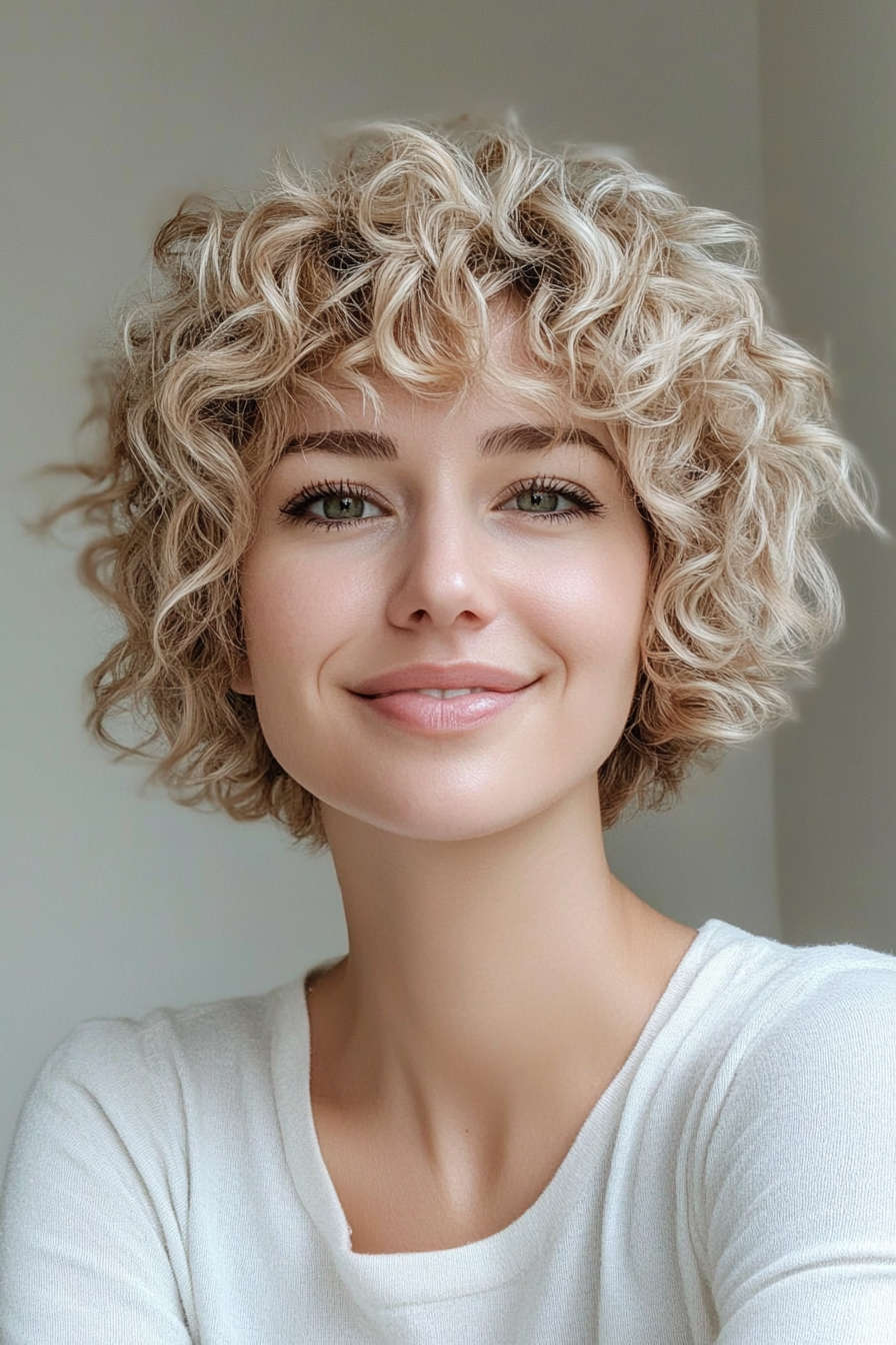 23. Blonde Curly Pixie with Tousled Bangs (Pixie Curly Haircuts) - Pixie Curly Haircuts