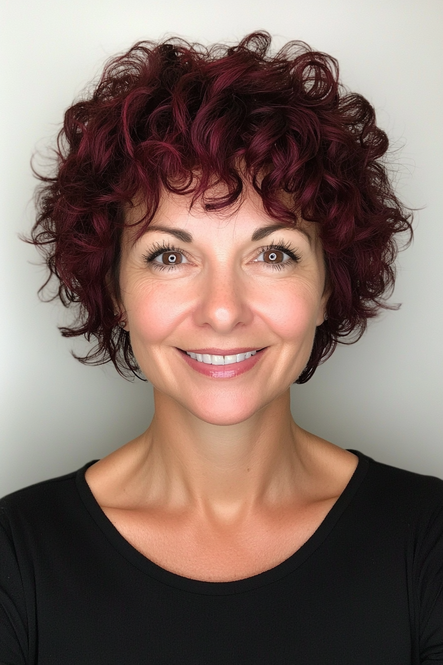 24. Rich Burgundy Curly Pixie with Fluffy Curls (Pixie Curly Haircuts) - Pixie Curly Haircuts