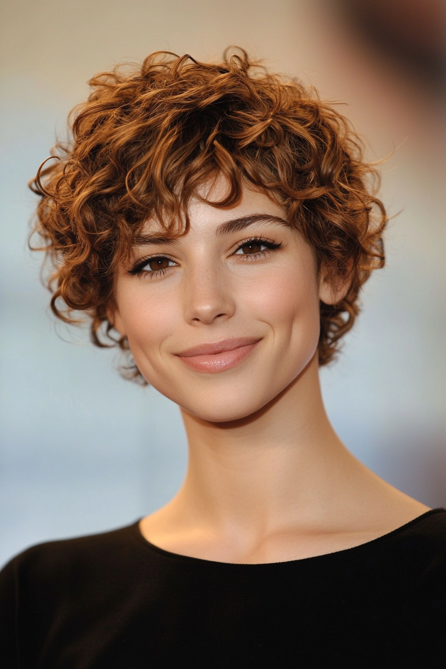 26. Caramel Brown Curly Pixie with Tight Curls (Pixie Curly Haircuts) - Pixie Curly Haircuts