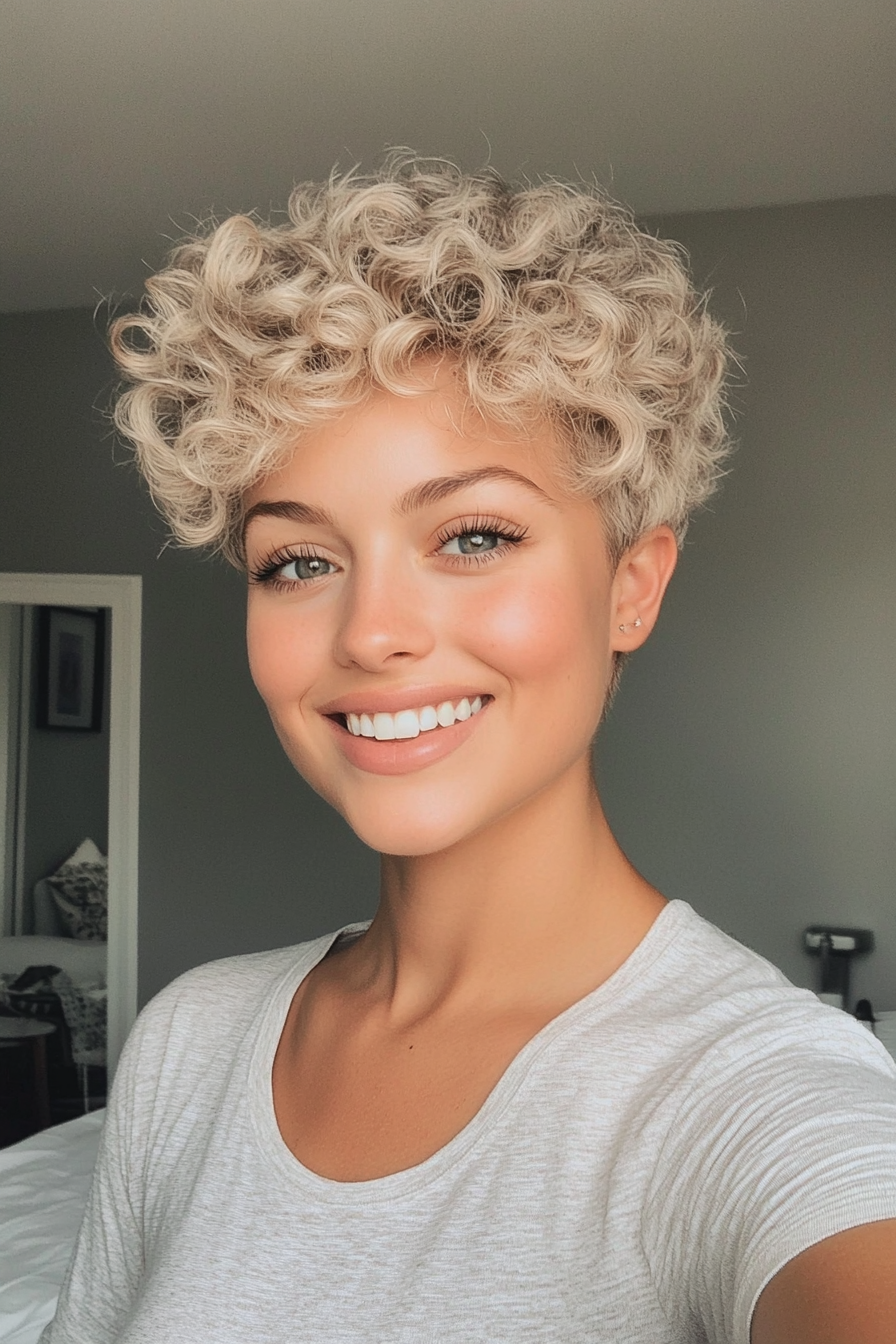 27. Soft Ash Blonde Curly Pixie with Defined Ends (Pixie Curly Haircuts) - Pixie Curly Haircuts