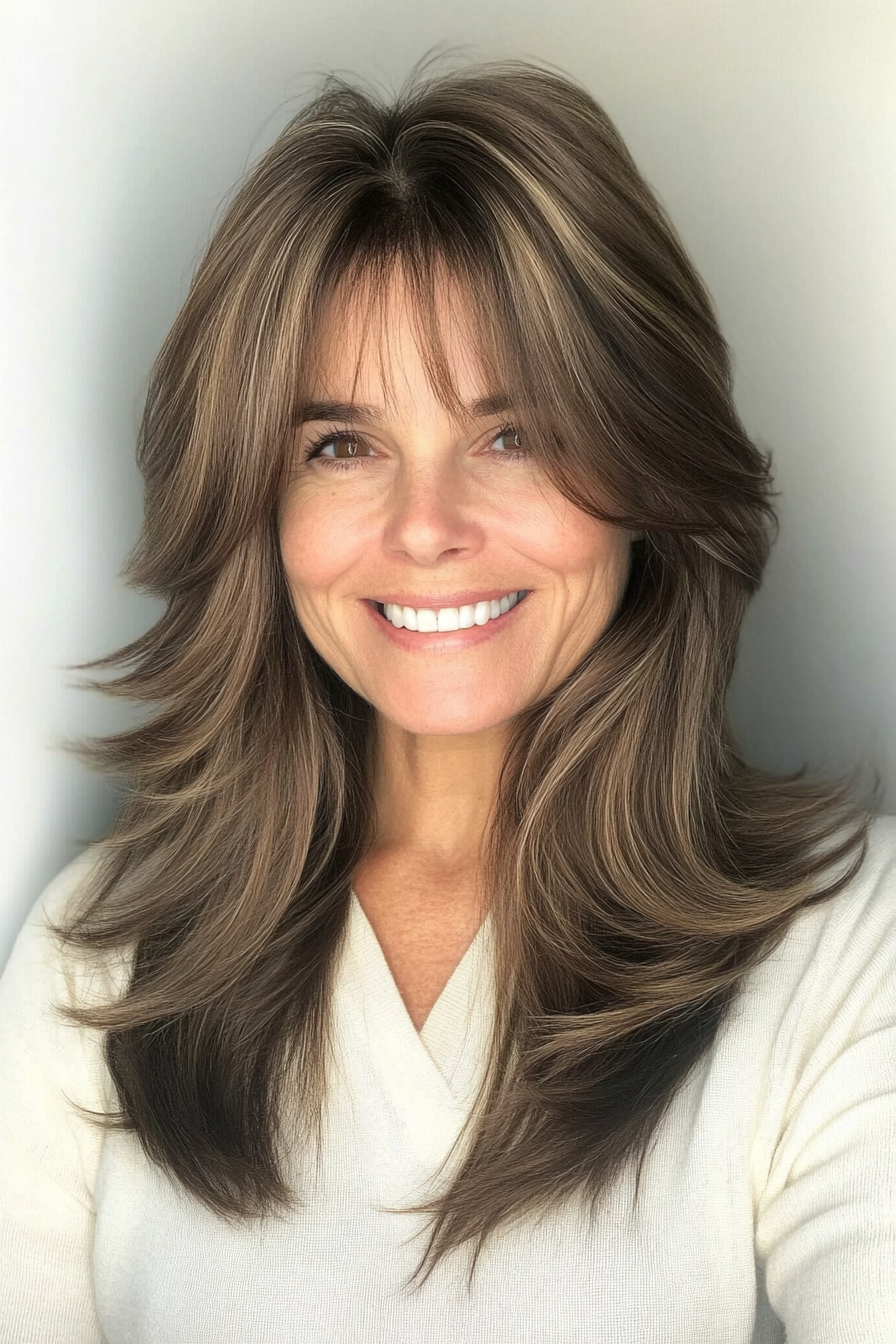 20. Side-Swept Bangs with Layers – Soft Brown (Hairstyles For Older Women) - Hairstyles For Older Women