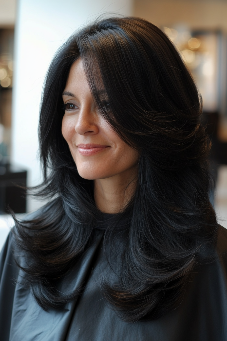 21. Layered Long Hair – Rich Black (Hairstyles For Older Women) - Hairstyles For Older Women
