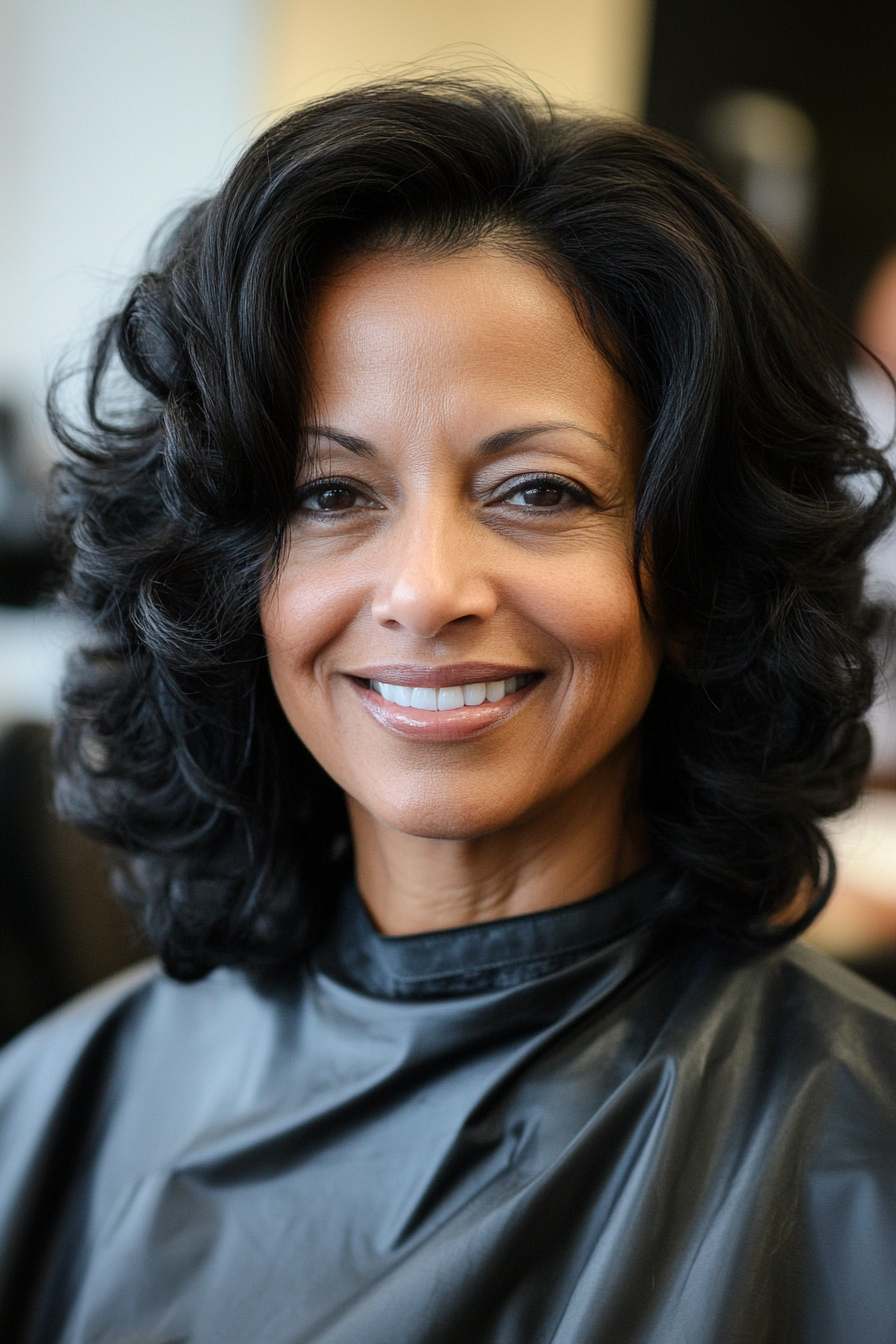 25. Soft Curls with Layers – Natural Black (Hairstyles For Older Women) - Hairstyles For Older Women