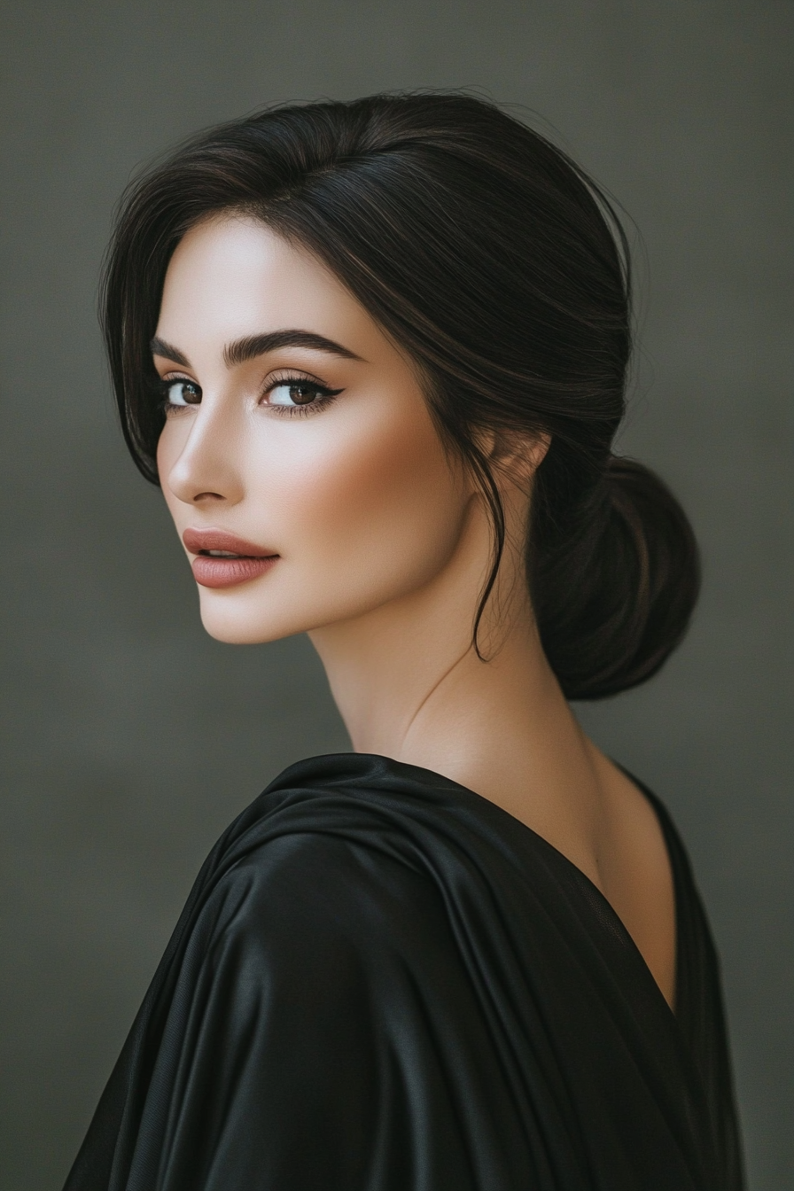 26. Elegant Low Bun – Dark Brown (Hairstyles For Older Women) - Hairstyles For Older Women