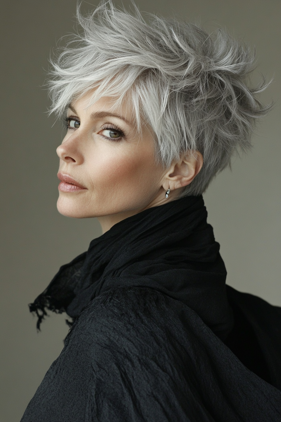 2. Shaggy Pixie Cut with Silver Undertones (Best Haircuts For Older Women) - Best Haircuts For Older Women