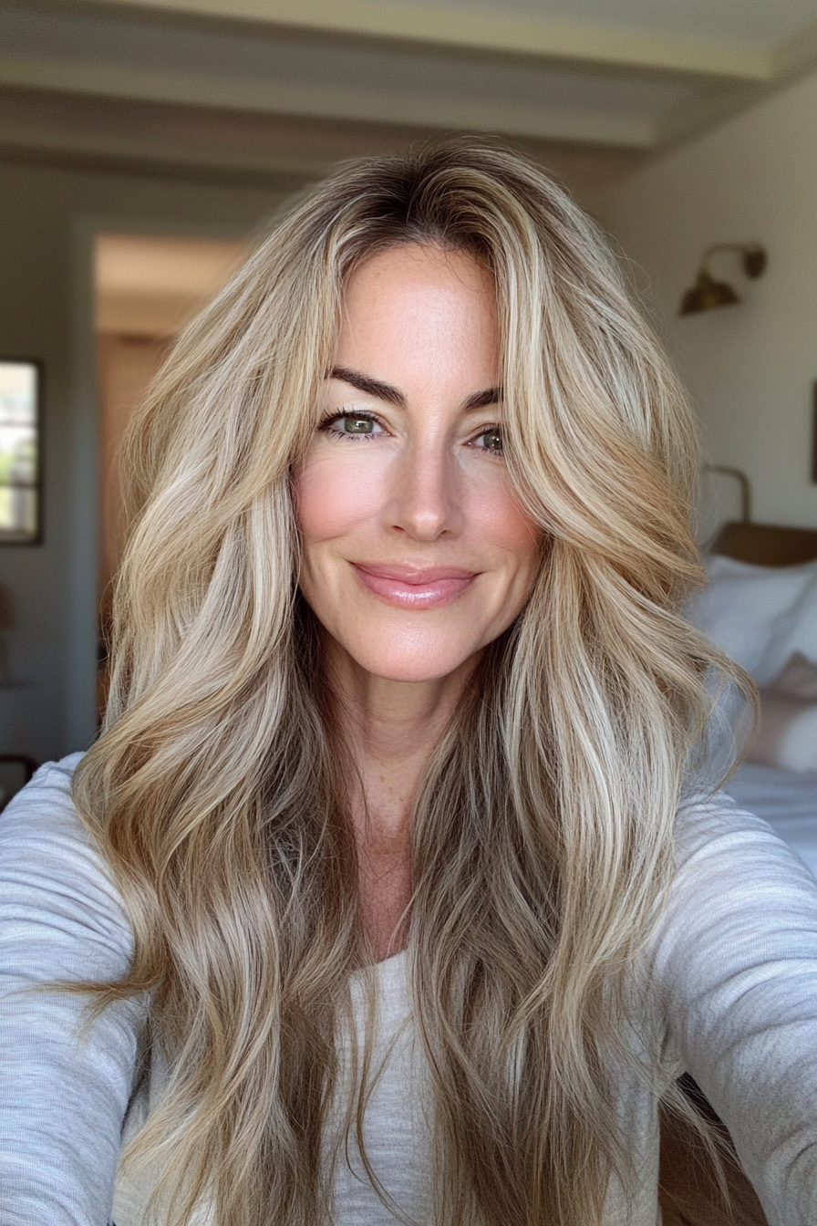 3. Long Layered Waves with Golden Blonde Tones (Best Haircuts For Older Women) - Best Haircuts For Older Women