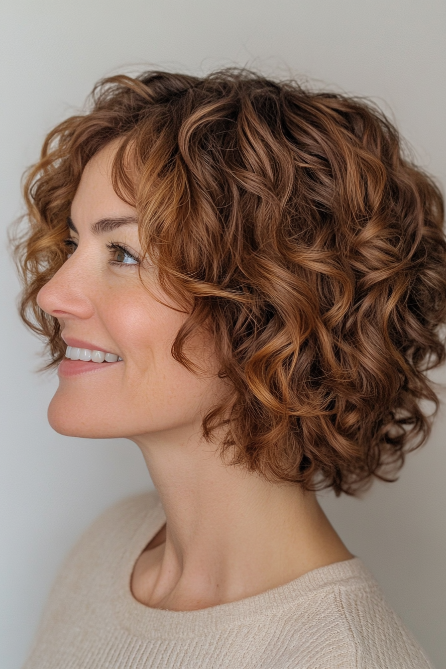 6. Short Curled Bob with Soft Caramel Highlights (Best Haircuts For Older Women) - Best Haircuts For Older Women
