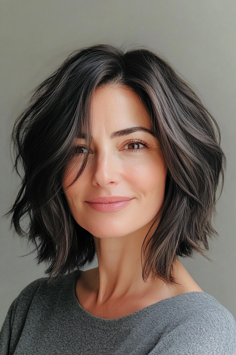 7. Messy Bob with Natural Dark Brown Color (Best Haircuts For Older Women) - Best Haircuts For Older Women