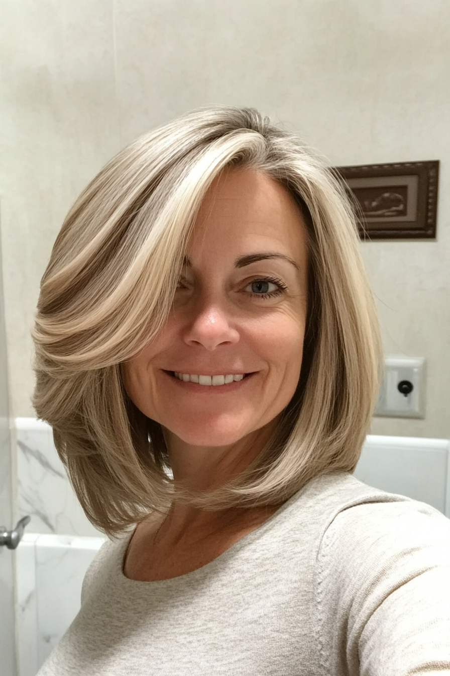 8. Layered Long Bob with Subtle Blonde Balayage (Best Haircuts For Older Women) - Best Haircuts For Older Women