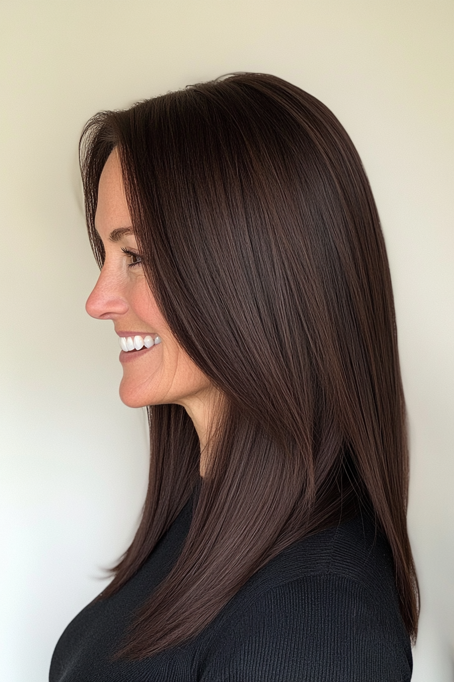 9. Sleek Long Cut with Dark Chocolate Brown (Best Haircuts For Older Women) - Best Haircuts For Older Women