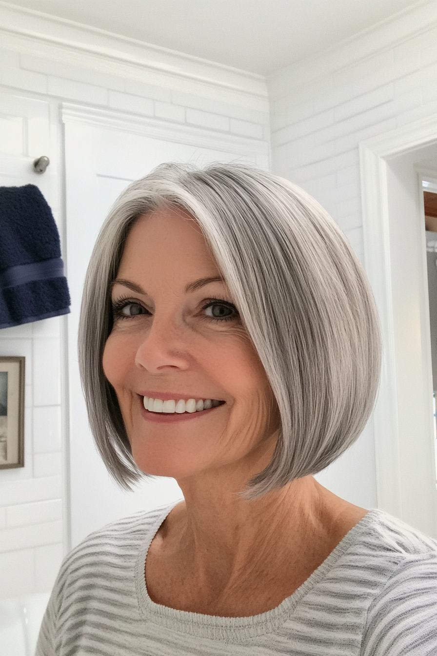 10. Classic French Bob with Silver Grey (Best Haircuts For Older Women) - Best Haircuts For Older Women