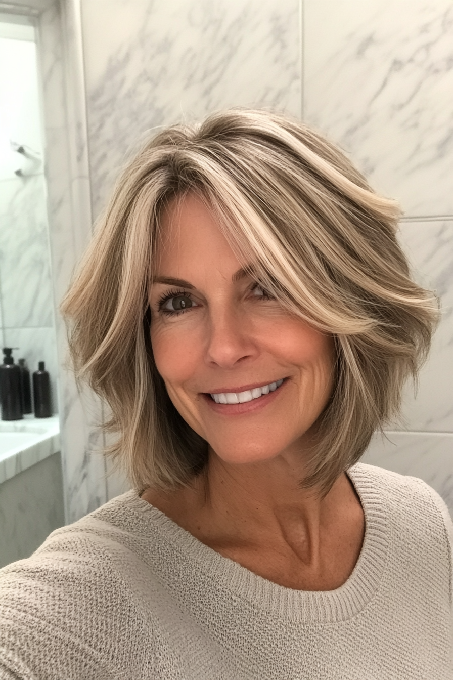 11. Textured Bob with Cool Blonde Highlights (Best Haircuts For Older Women) - Best Haircuts For Older Women