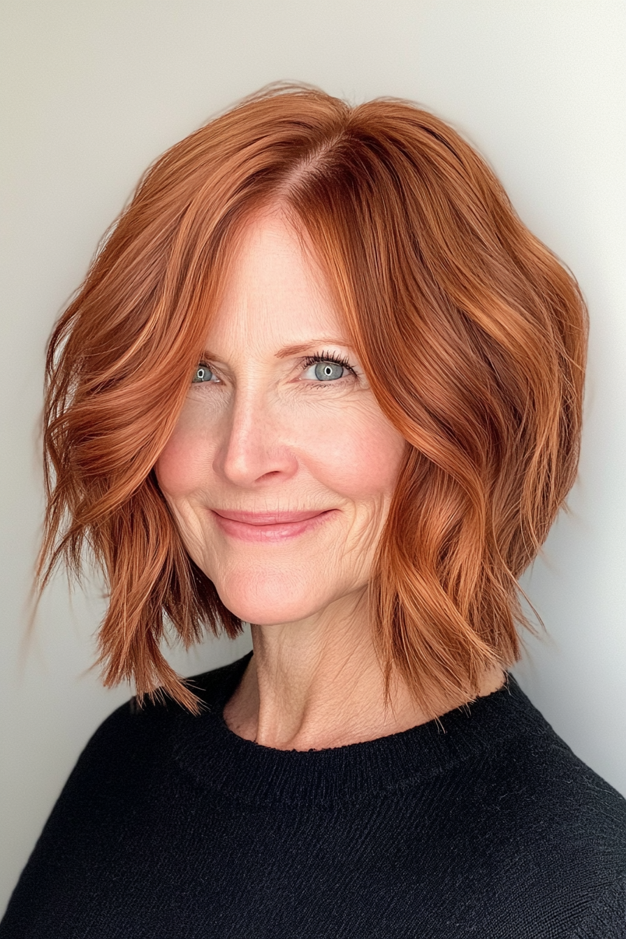 17. Mid-Length Textured Bob with Warm Copper (Best Haircuts For Older Women) - Best Haircuts For Older Women