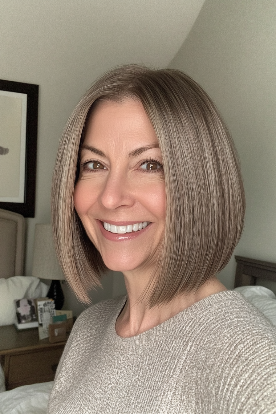 18. Sleek Low-Maintenance Bob with Light Brown (Best Haircuts For Older Women) - Best Haircuts For Older Women