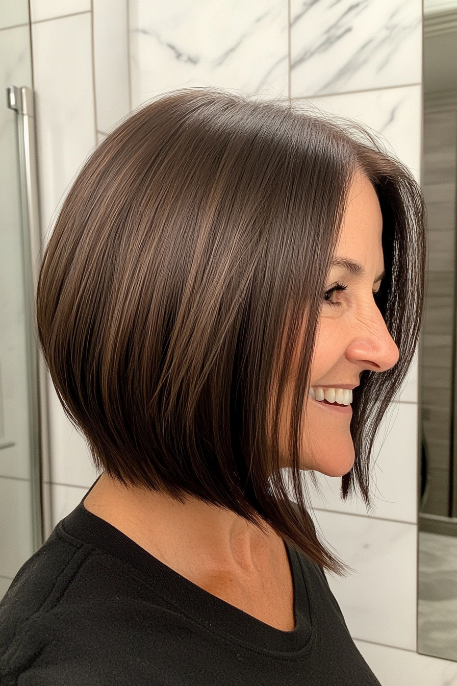 20. Edgy Asymmetrical Bob with Dark Brown (Best Haircuts For Older Women) - Best Haircuts For Older Women
