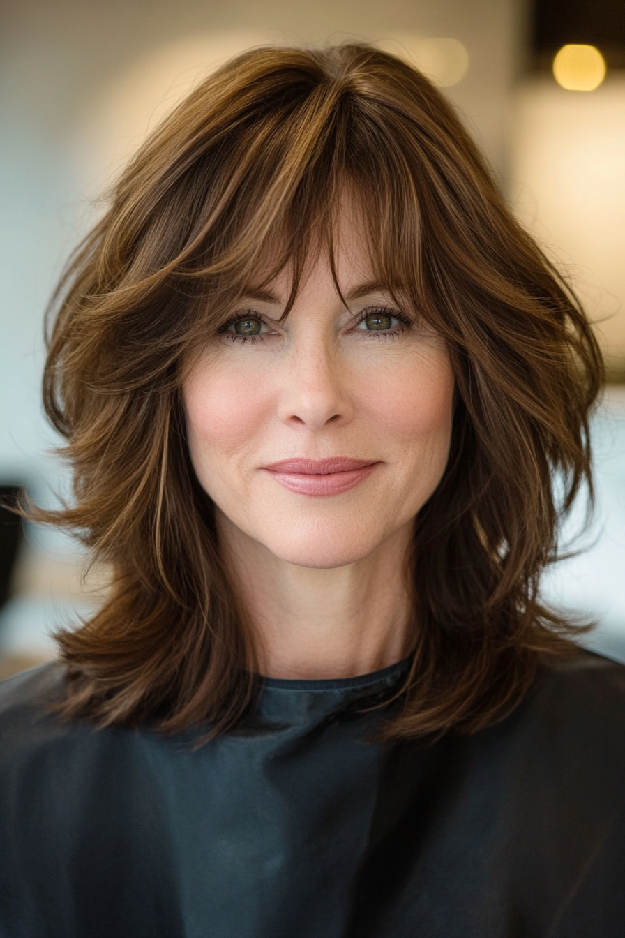 21. Side-Swept Bangs with Soft Chestnut Brown Layers (Best Haircuts For Older Women) - Best Haircuts For Older Women