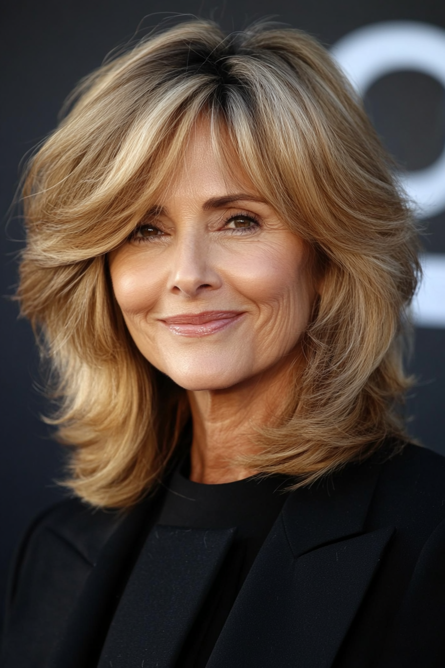 24. Layered Shoulder Cut with Subtle Golden Highlights (Best Haircuts For Older Women) - Best Haircuts For Older Women