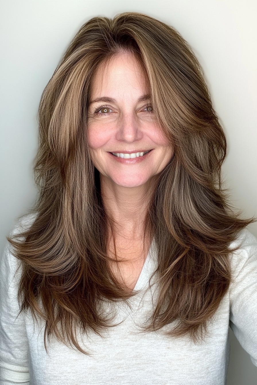26. Shaggy Long Layers with Natural Brown (Best Haircuts For Older Women) - Best Haircuts For Older Women