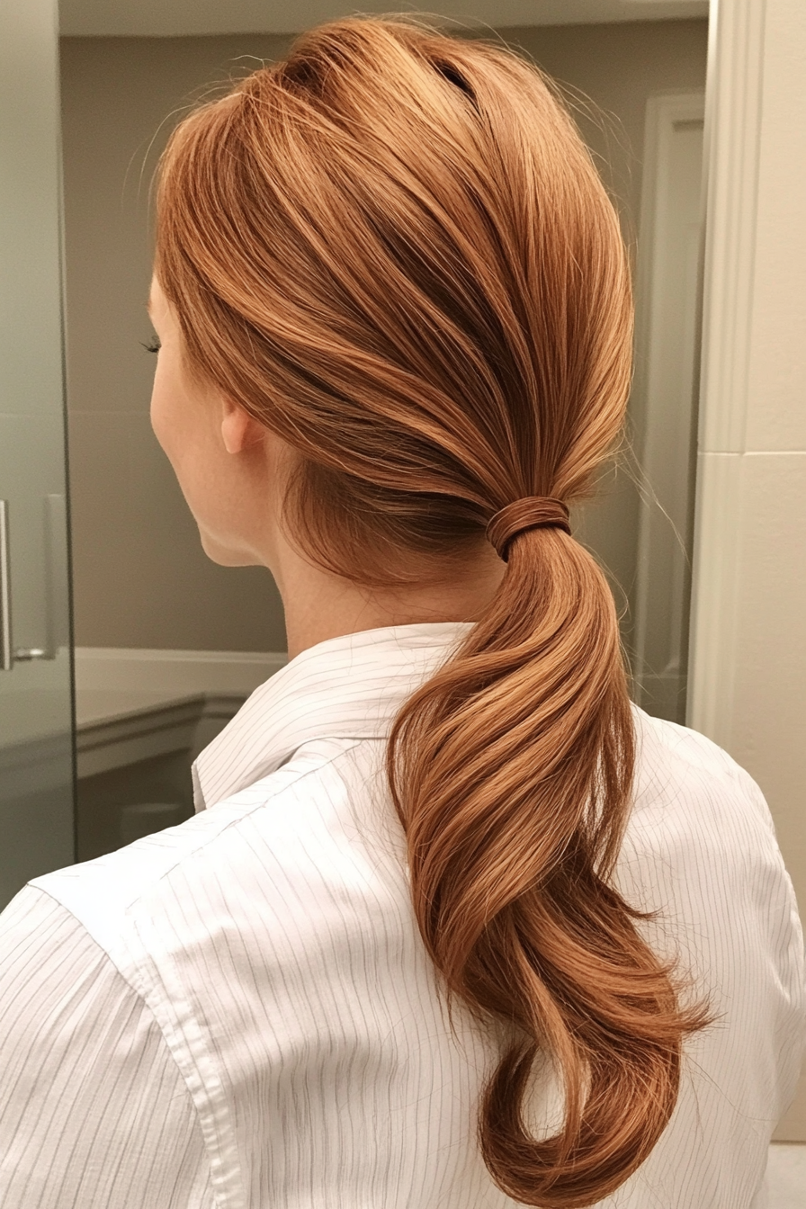 27. Elegant Low-Ponytail with Light Auburn Highlights (Best Haircuts For Older Women) - Best Haircuts For Older Women