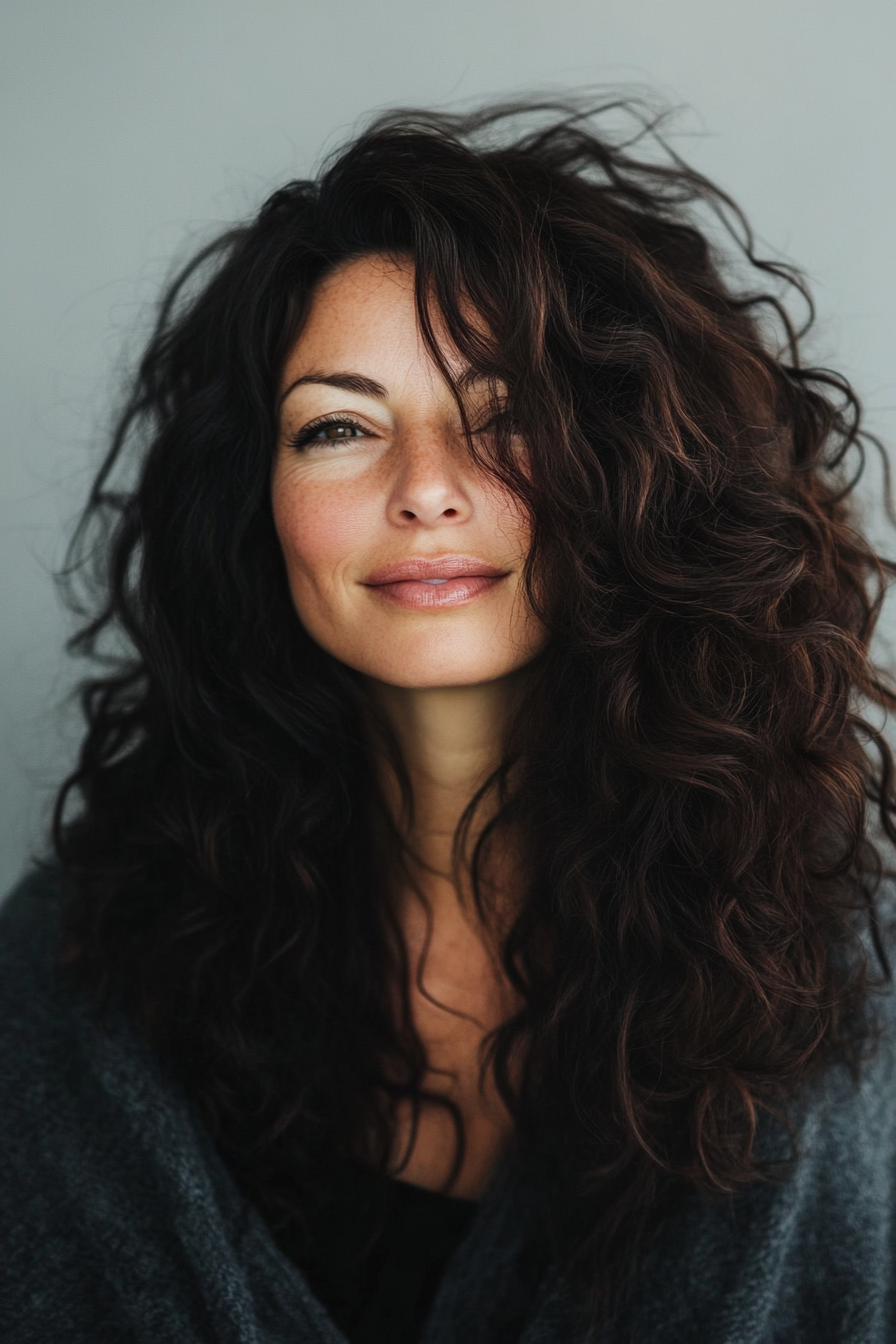 15. Long, Voluminous Curls with Dark Auburn (Best Haircuts For Older Women) - Best Haircuts For Older Women