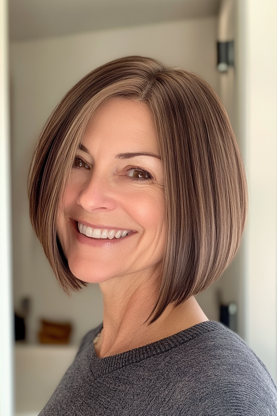 2. Chin-Length Sleek Bob (Shorter Haircuts For Older Women) - Shorter Haircuts For Older Women