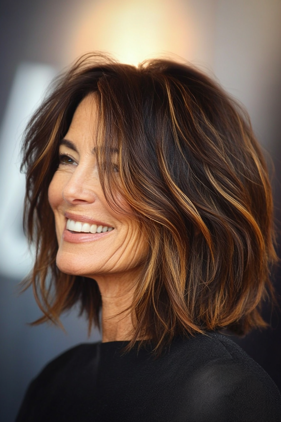 7. Textured Lob with Caramel Highlights (Shorter Haircuts For Older Women) - Shorter Haircuts For Older Women