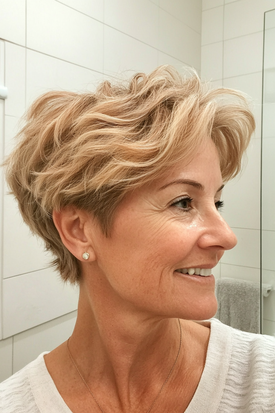 19. Tousled Pixie with Honey Blonde (Shorter Haircuts For Older Women) - Shorter Haircuts For Older Women