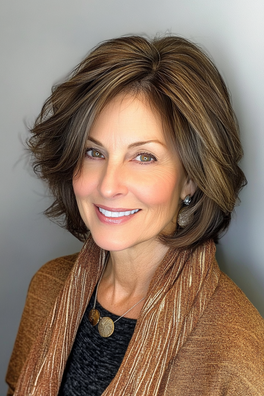 25. Longer Layered Bob with Warm Brown Tones (Shorter Haircuts For Older Women) - Shorter Haircuts For Older Women