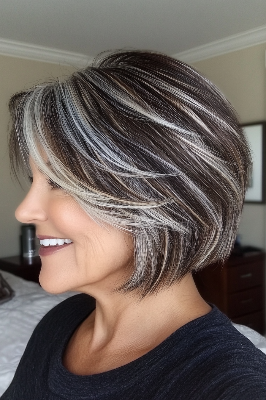 26. Feathered Short Bob with Silver Streaks (Shorter Haircuts For Older Women) - Shorter Haircuts For Older Women