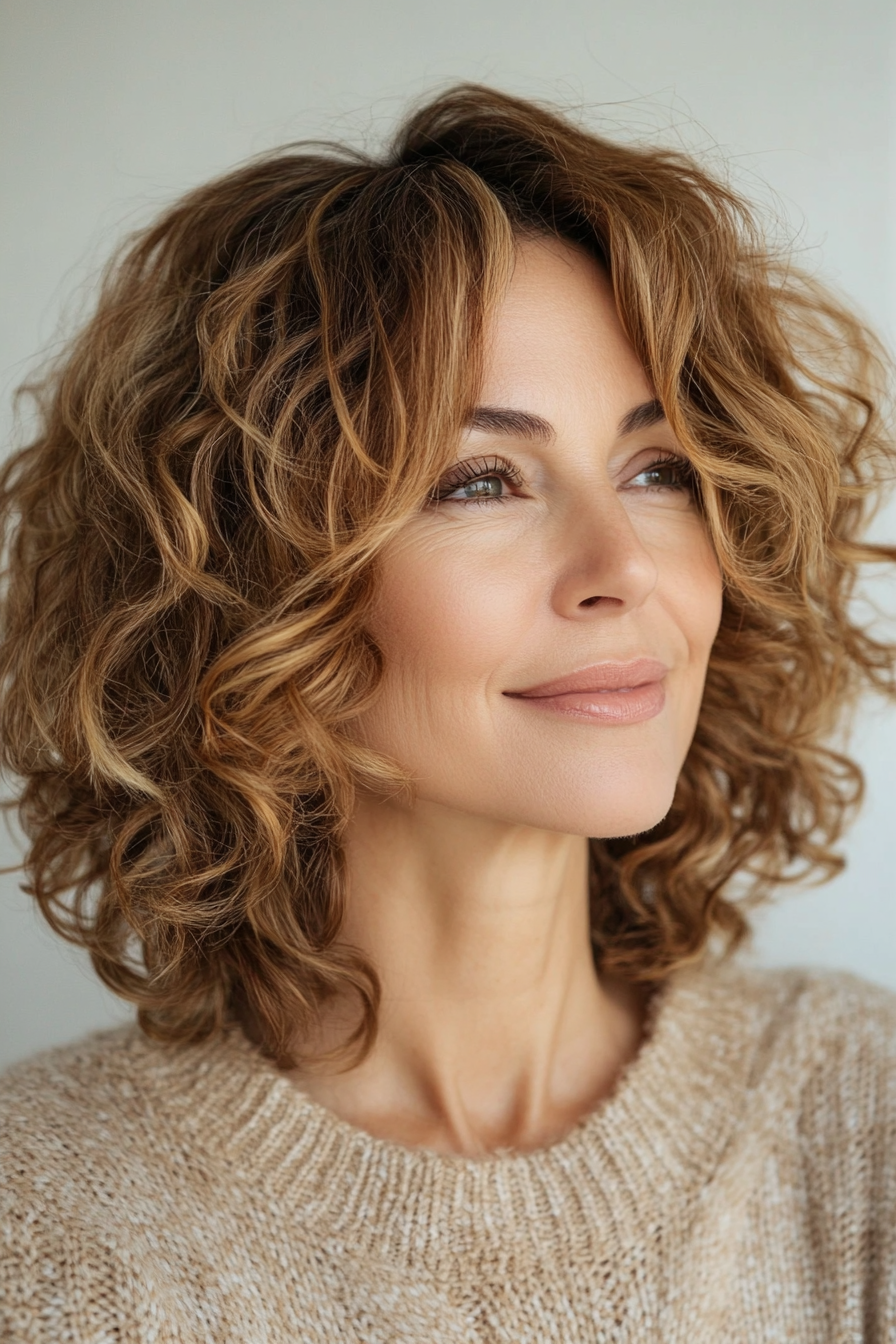 2. Layered Curly Lob with Honey Tones (Hairstyles For Older Women With Curly Hair) - Hairstyles For Older Women With Curly Hair