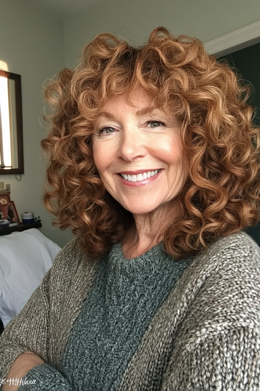 4. Loose Curly Shag with Auburn Hues (Hairstyles For Older Women With Curly Hair) - Hairstyles For Older Women With Curly Hair