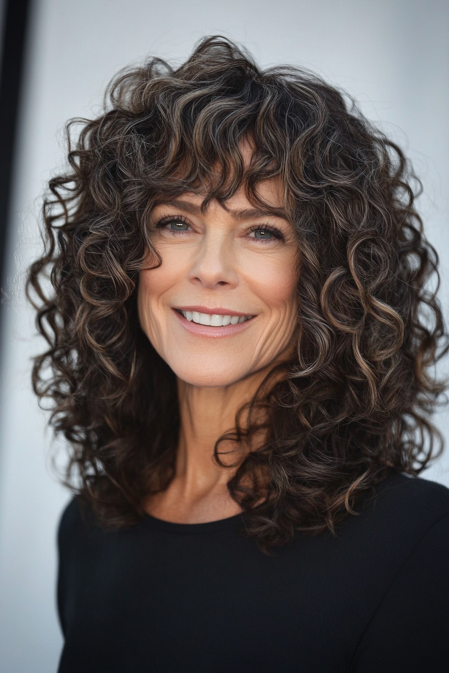 5. Shoulder-Length Curly Cut with Dark Brown Highlights (Hairstyles For Older Women With Curly Hair) - Hairstyles For Older Women With Curly Hair