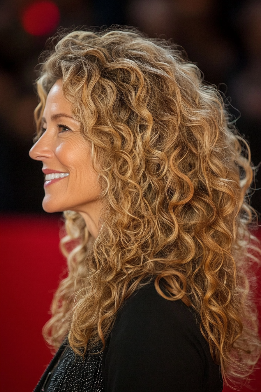 6. Textured Curly Curls with Golden Blonde Accents (Hairstyles For Older Women With Curly Hair) - Hairstyles For Older Women With Curly Hair