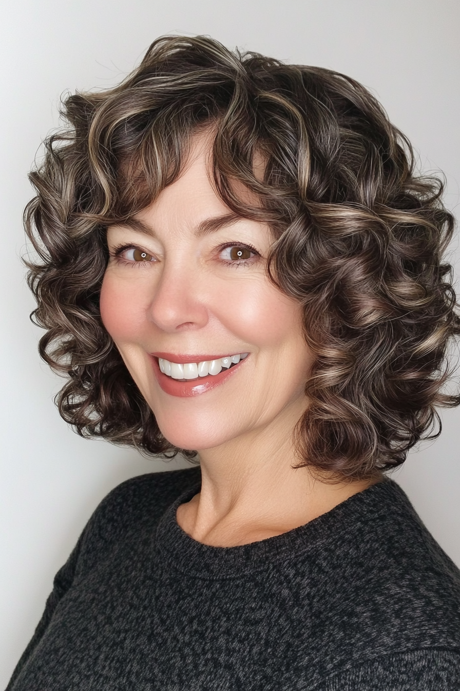 10. Classic Curly Bob with Dark Chocolate Highlights (Hairstyles For Older Women With Curly Hair) - Hairstyles For Older Women With Curly Hair
